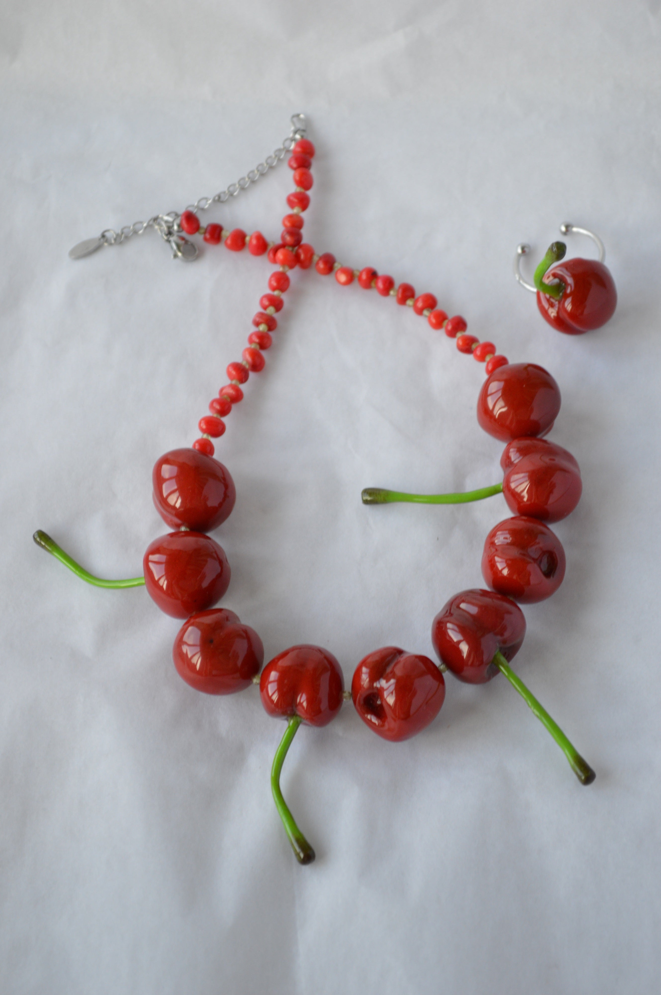 Necklace and earrings made of red beads and green stems on a white background